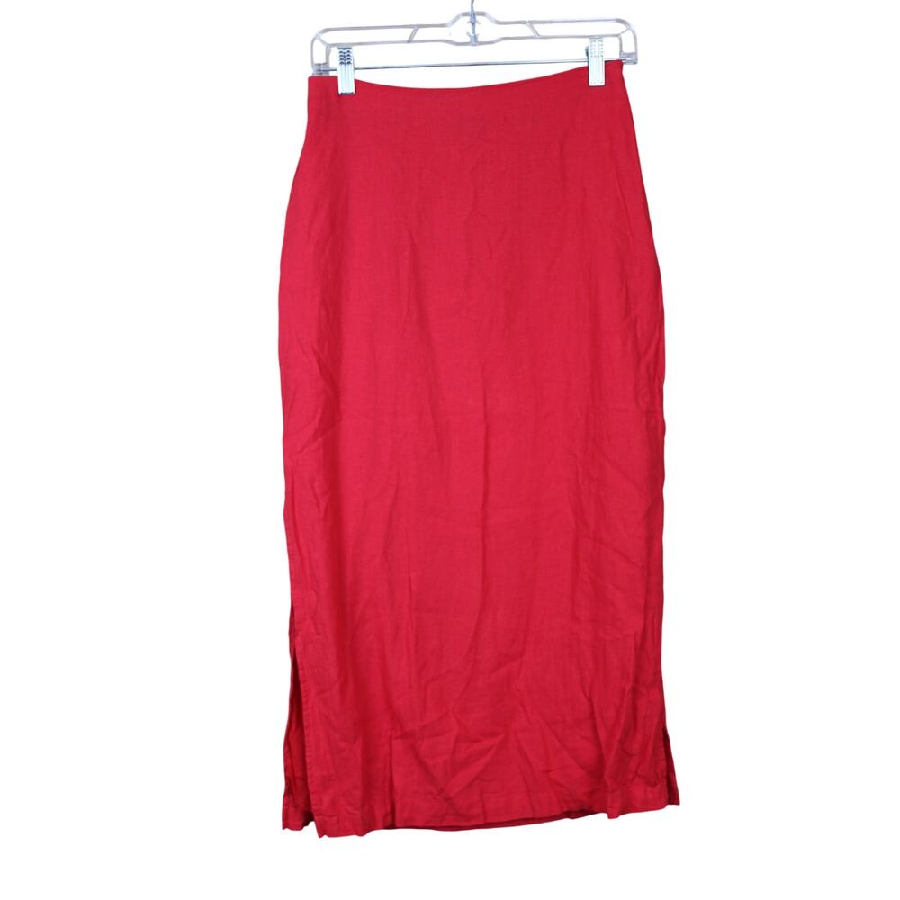 Gap Red Linen Blend‎ Side Zipper Lined Elastic Waist Pencil Midi Skirt Size XS
